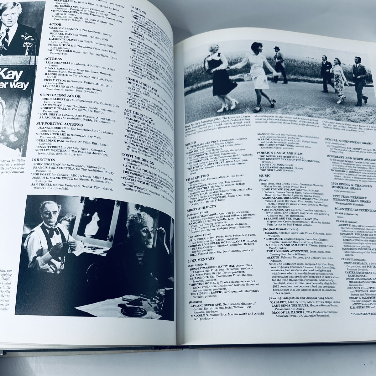 Interior page from '60 Years of the Oscar's 1989 Official History Academy Awards Book' displaying details on award categories, nominees, and historical figures from the film industry.