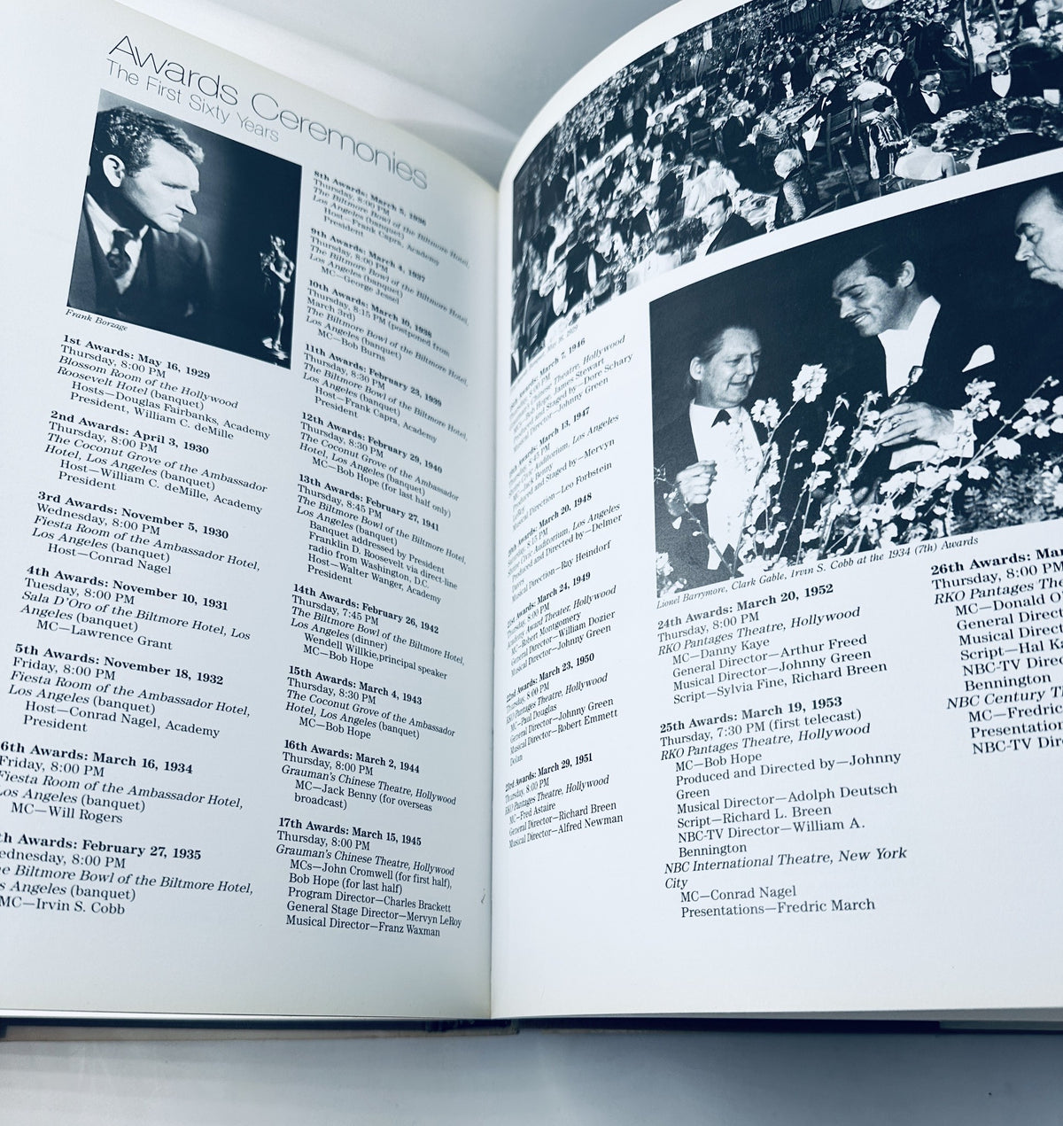 Interior page from '60 Years of the Oscar's 1989 Official History Academy Awards Book' showcasing early Oscar award ceremonies and notable figures in black and white images.