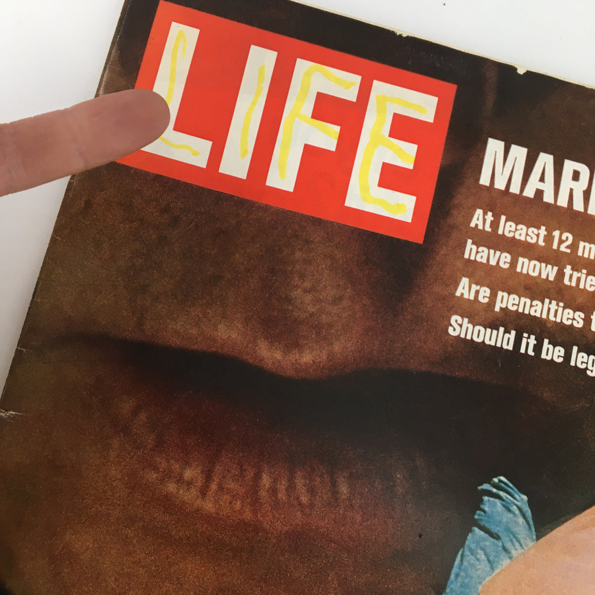 Close-up of the VTG Life Magazine cover from October 31, 1969, highlighting the iconic 'LIFE' title and the marijuana topic discussed within the issue.