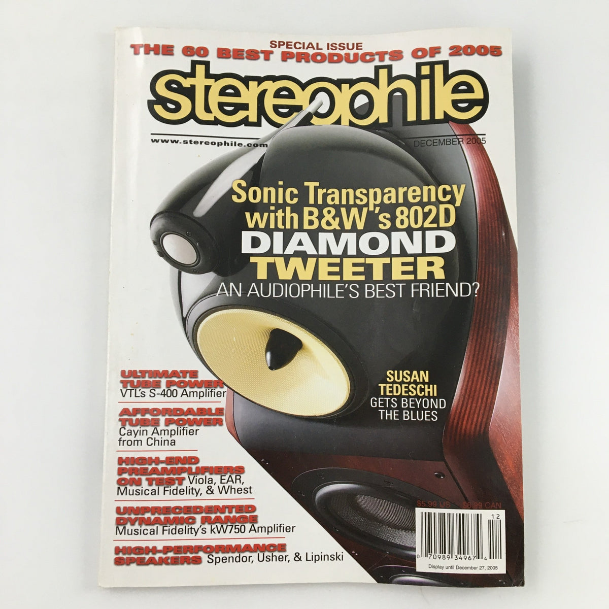 Cover of Stereophile Magazine December 2005 featuring Susan Tedeschi with the title 'Beyond The Blues', showcasing a vintage design and articles on audio equipment including B&W's 802D Diamond Tweeter.