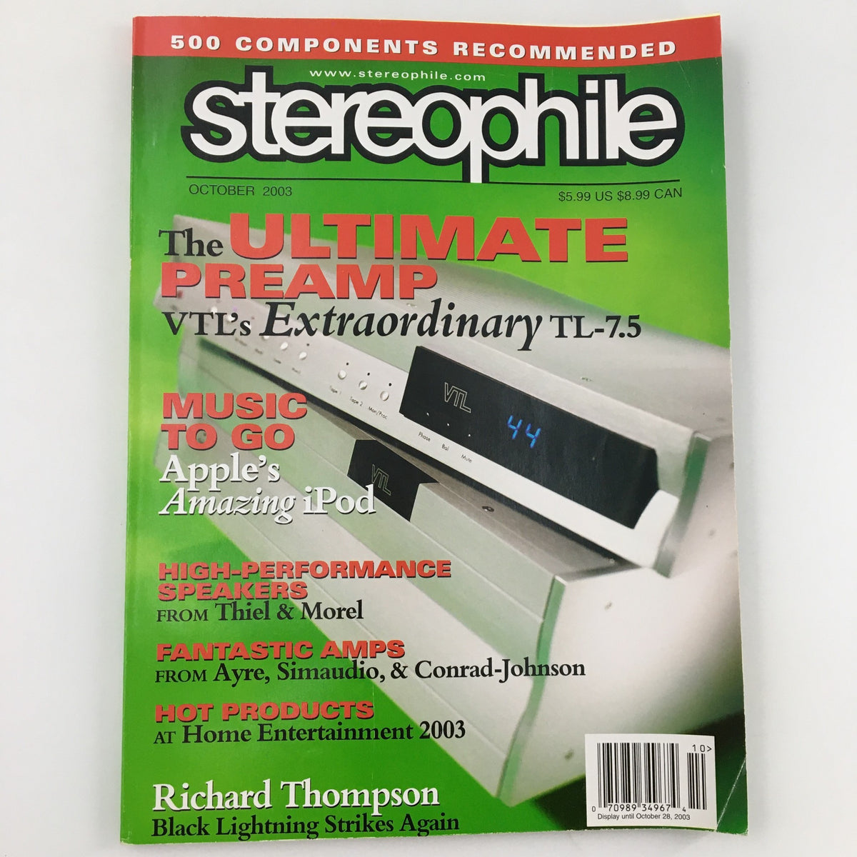 Stereophile Magazine October 2003 cover featuring Richard Thompson, highlighting audio equipment reviews and musical insights, perfect for collectors and music enthusiasts.