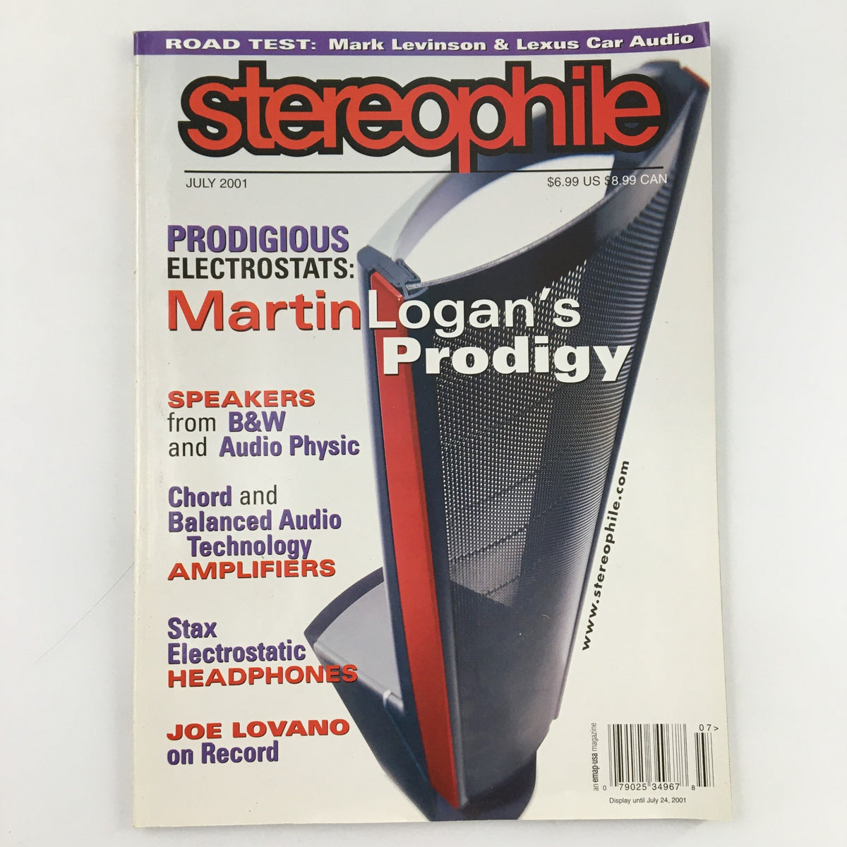 Stereophile Magazine July 2001 featuring Martin Logan's Prodigy Speakers on the cover, showcasing audio technology insights and reviews for audiophiles.