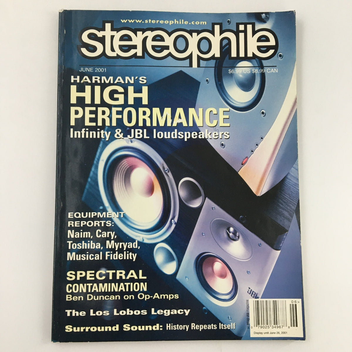 Stereophile Magazine June 2001 cover featuring Harman's high performance Infinity and JBL loudspeakers, highlighting audio technology and innovations in sound.