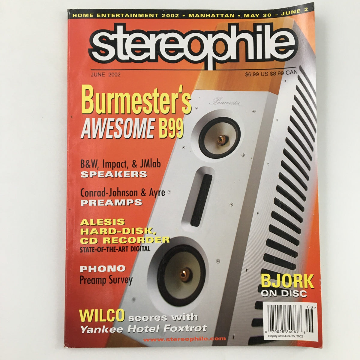 Stereophile Magazine June 2002 cover featuring Alesis Hard-Disk CD Recorder and reviews on audio equipment. Highlights include Burmester B99 speakers and article on Wilco.