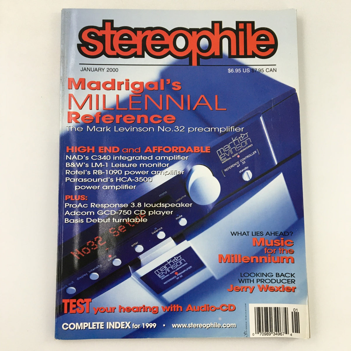 Cover of Stereophile Magazine January 2000 featuring headlines about high-end audio equipment and an interview with producer Jerry Wexler. The design showcases a blue preamplifier and emphasizes audio excellence.