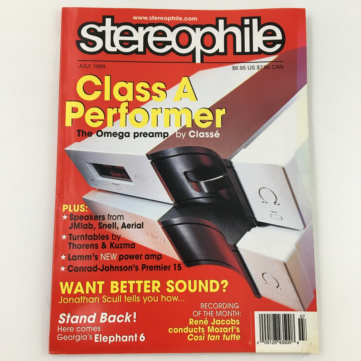 Cover of Stereophile Magazine July 1999 featuring the title 'Class A Performer' and spotlighting Rene Jacobs conducting Mozart's 'Cosi fan tutte'. The cover includes product highlights and features for audio equipment, appealing to music enthusiasts and collectors.