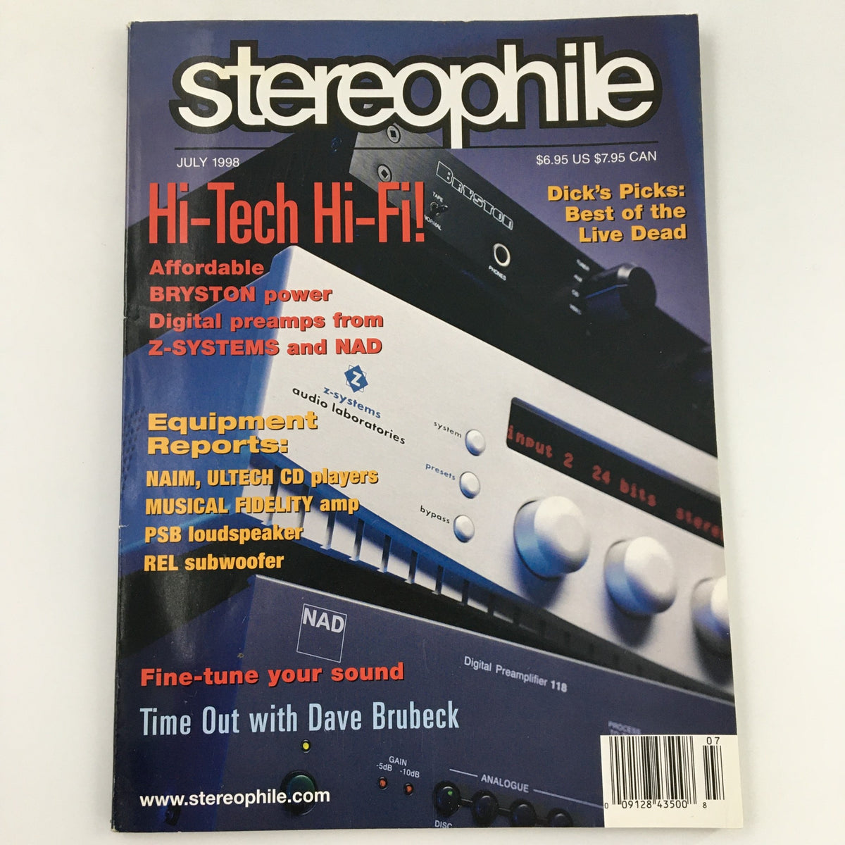 Cover of Stereophile Magazine July 1998 featuring the title 'Time Out with Pianist Dave Brubeck,' showcasing high-fidelity audio equipment and articles on music appreciation.