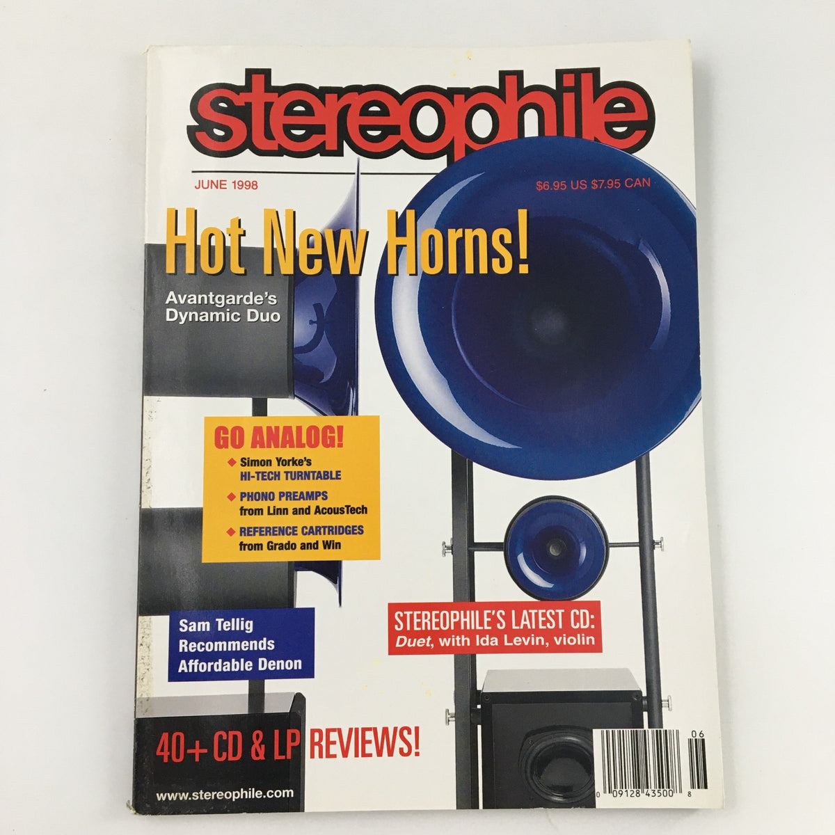 Cover of Stereophile Magazine from June 1998 featuring the title 'Stereophile: Hot New Horns!' and an article about Duet with Ida Levin's violin. The cover showcases blue loudspeakers and highlights various audio equipment and music reviews.