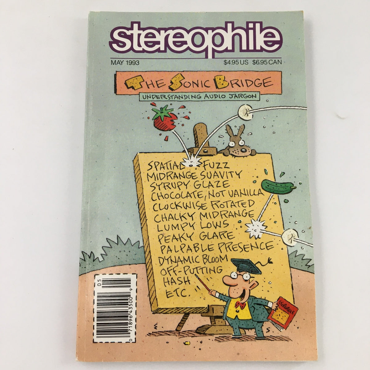 Stereophile Magazine May 1993 cover featuring 'The Sonic Bridge: Understanding Audio Jargon' with whimsical illustrations, emphasizing audio terms and concepts. A collectible vintage magazine for audiophiles.
