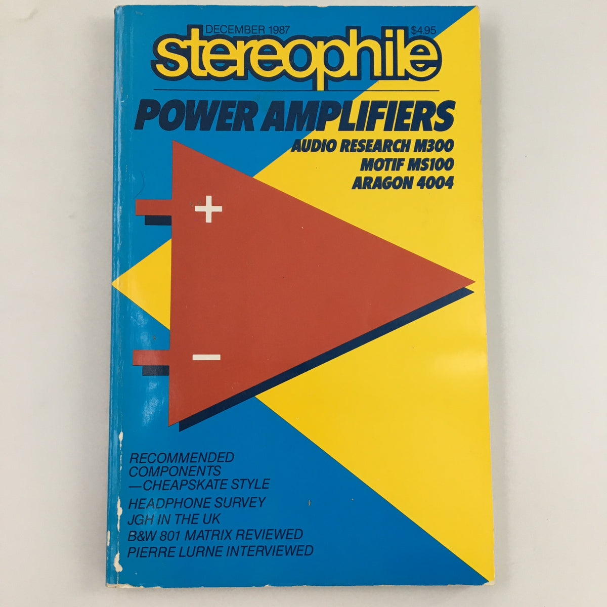 Cover of VTG Stereophile Magazine December 1987 featuring an exclusive interview with Pierre Lurne, showcasing bright graphics and text on audio amplifiers including Audio Research M300, Motif MS100, and Aragon 4004, priced at $4.95.