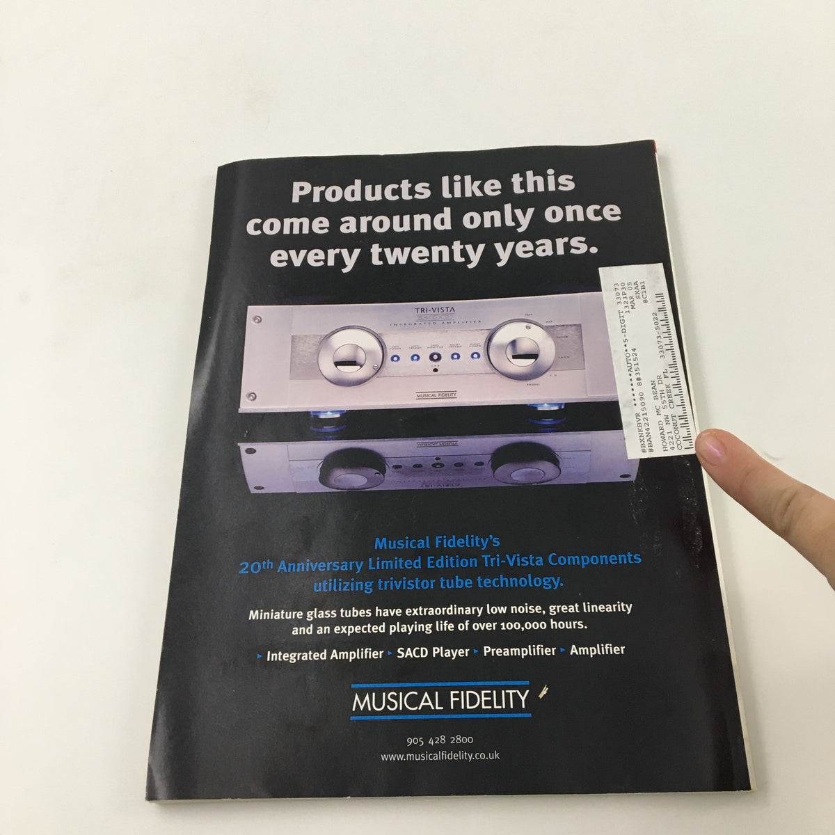 Back cover of Stereophile Magazine November 2002 showcasing Musical Fidelity's 20th Anniversary Tri-Vista components.
