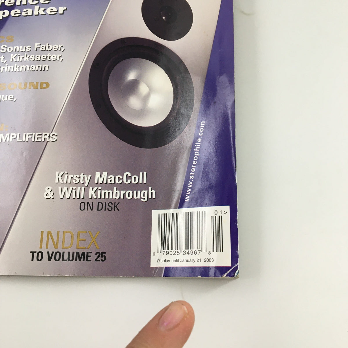 Back cover of Stereophile Magazine January 2003 featuring details about Kirsty MacColl and Will Kimbrough, with barcode and publication information.