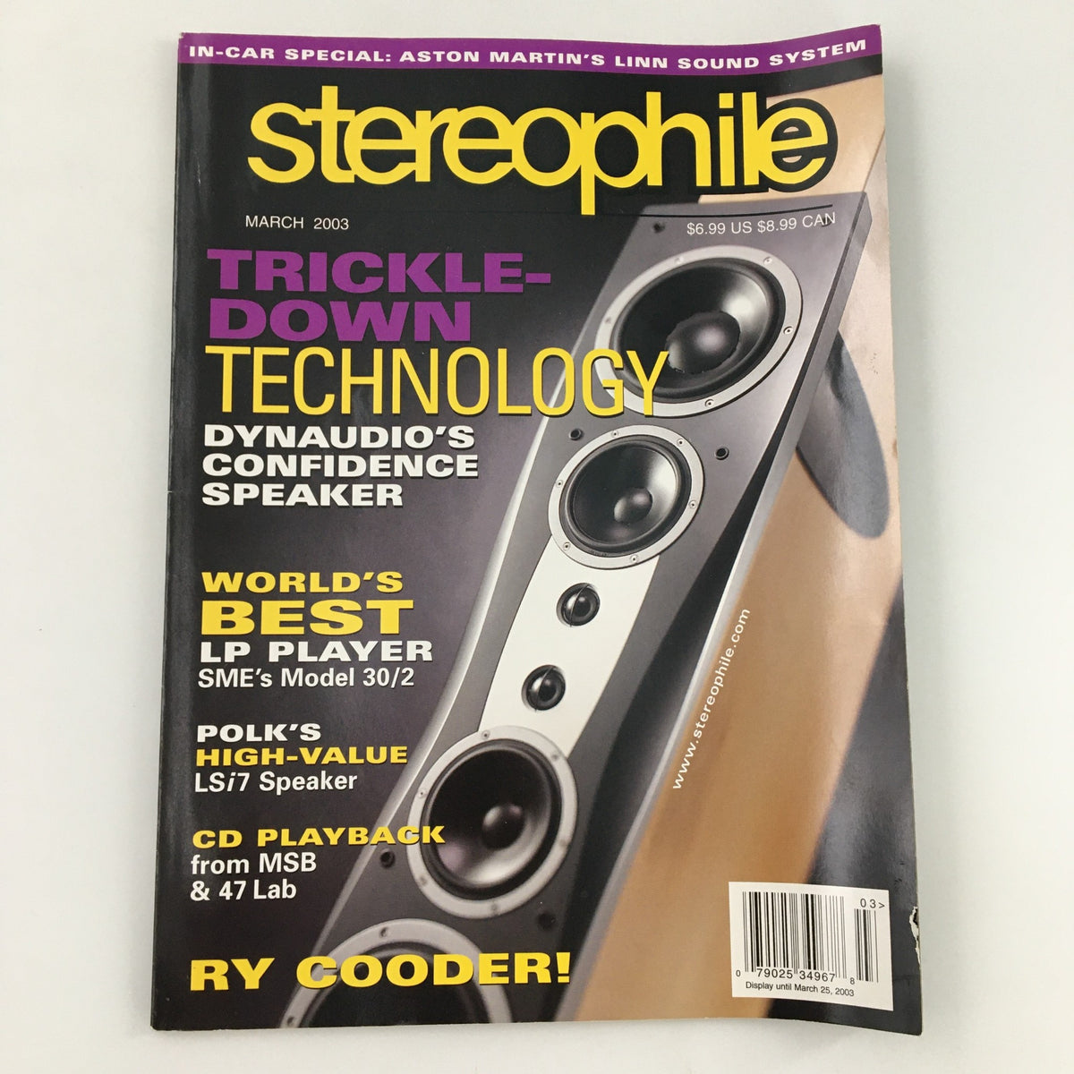 Cover of the Stereophile Magazine from March 2003 featuring American musician Ry Cooder and the Dynoaudio speaker, highlighting articles on technology and high-fidelity sound.