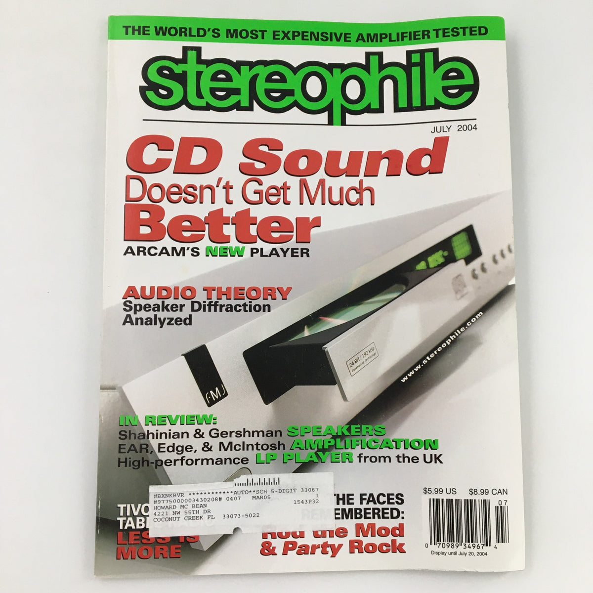 Cover of Stereophile Magazine July 2004 titled 'CD Sound Doesn't Get Much Better' featuring in-depth reviews of Shahinian and Gershman Speakers, alongside articles on audio theory and amplifier testing.
