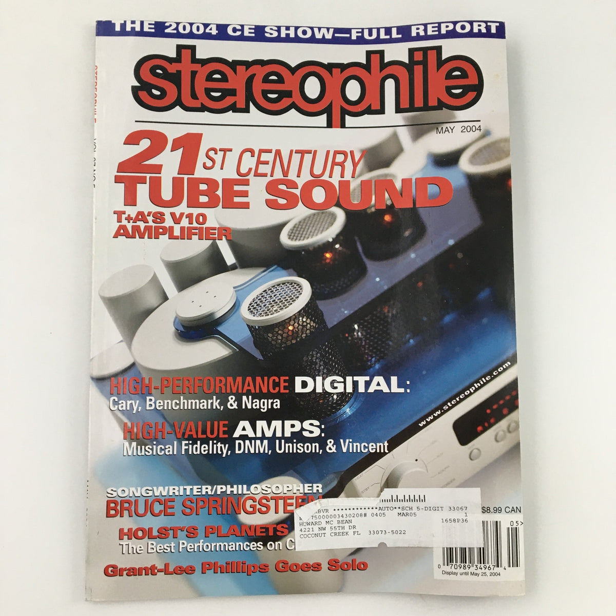Stereophile Magazine May 2004 cover featuring a profile of Bruce Springsteen, discussing his significance as a songwriter and philosopher, along with highlights on tube sound and high-performance audio.