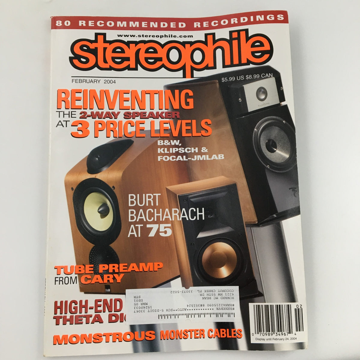 February 2004 issue of Stereophile Magazine featuring Burt Bacharach at 75 on the cover, alongside images of audio equipment and a feature on speaker technology.