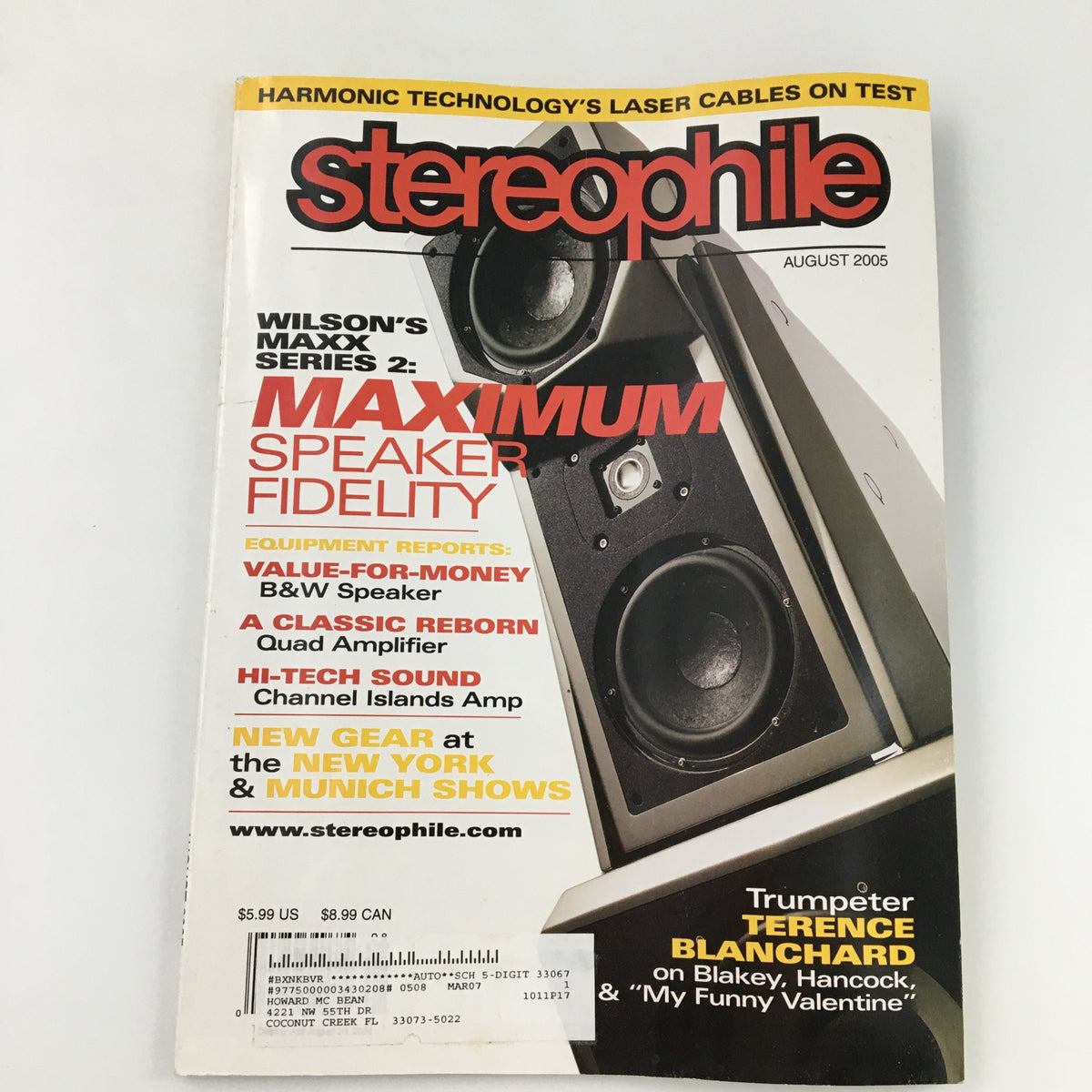 Cover of Stereophile Magazine from August 2005 featuring trumpeter Terence Blanchard and his performance of 'My Funny Valentine'. The magazine highlights audio equipment and music culture.