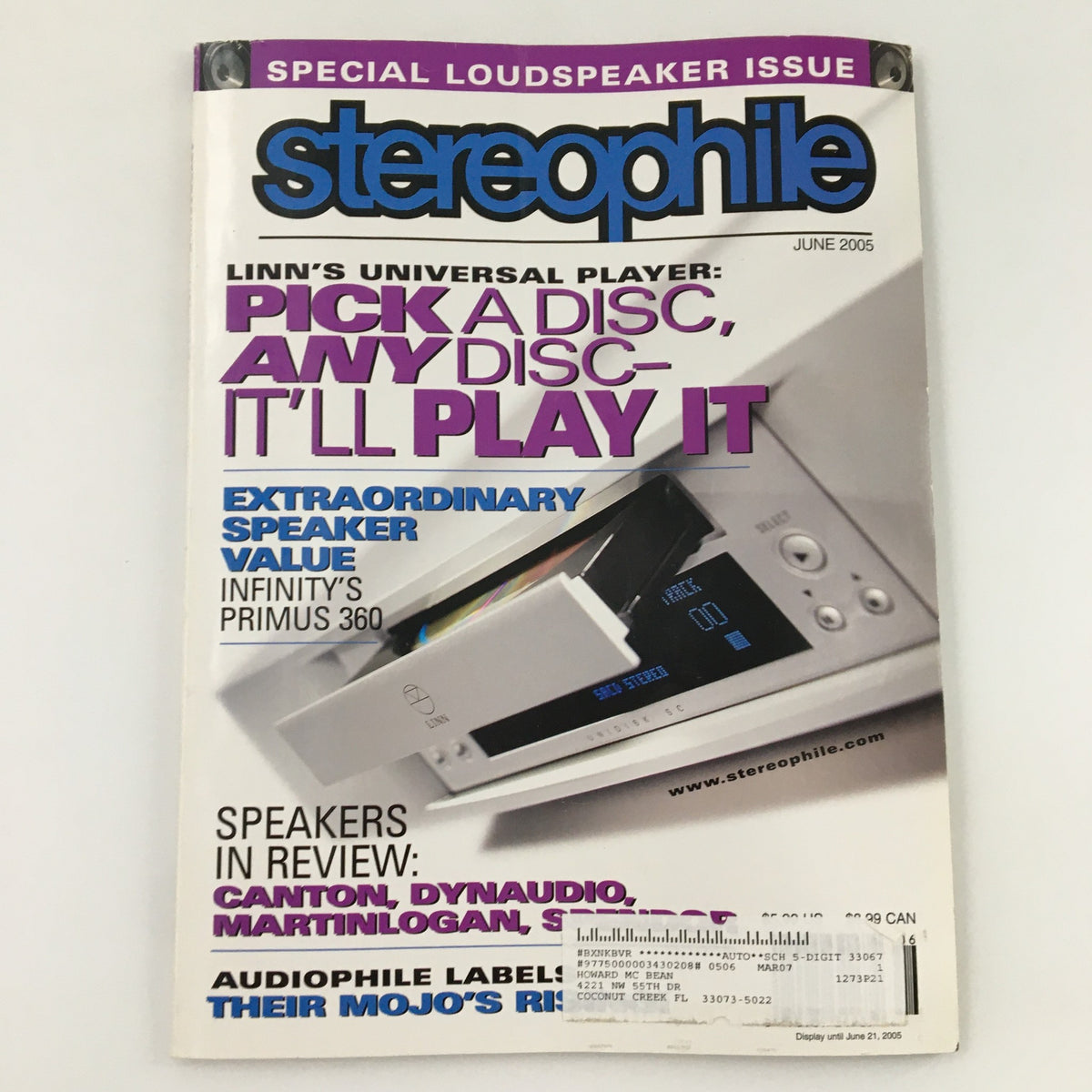 Stereophile Magazine June 2005 cover featuring an article on extraordinary speaker value with a focus on Infinity's Primus 360. Highlights include reviews of audio equipment and a showcase of Linn's universal player.