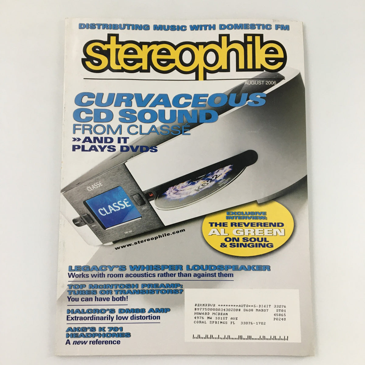 Stereophile Magazine August 2006 featuring Reverend Al Green on Soul and Singing, showcasing the magazine’s cover design with the headline and vibrant visuals.