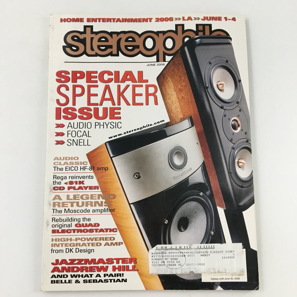 Cover of Stereophile Magazine June 2006 featuring the title 'A Legend Returns The Moscode Amplifier' with graphics highlighting audio equipment and speaker systems.