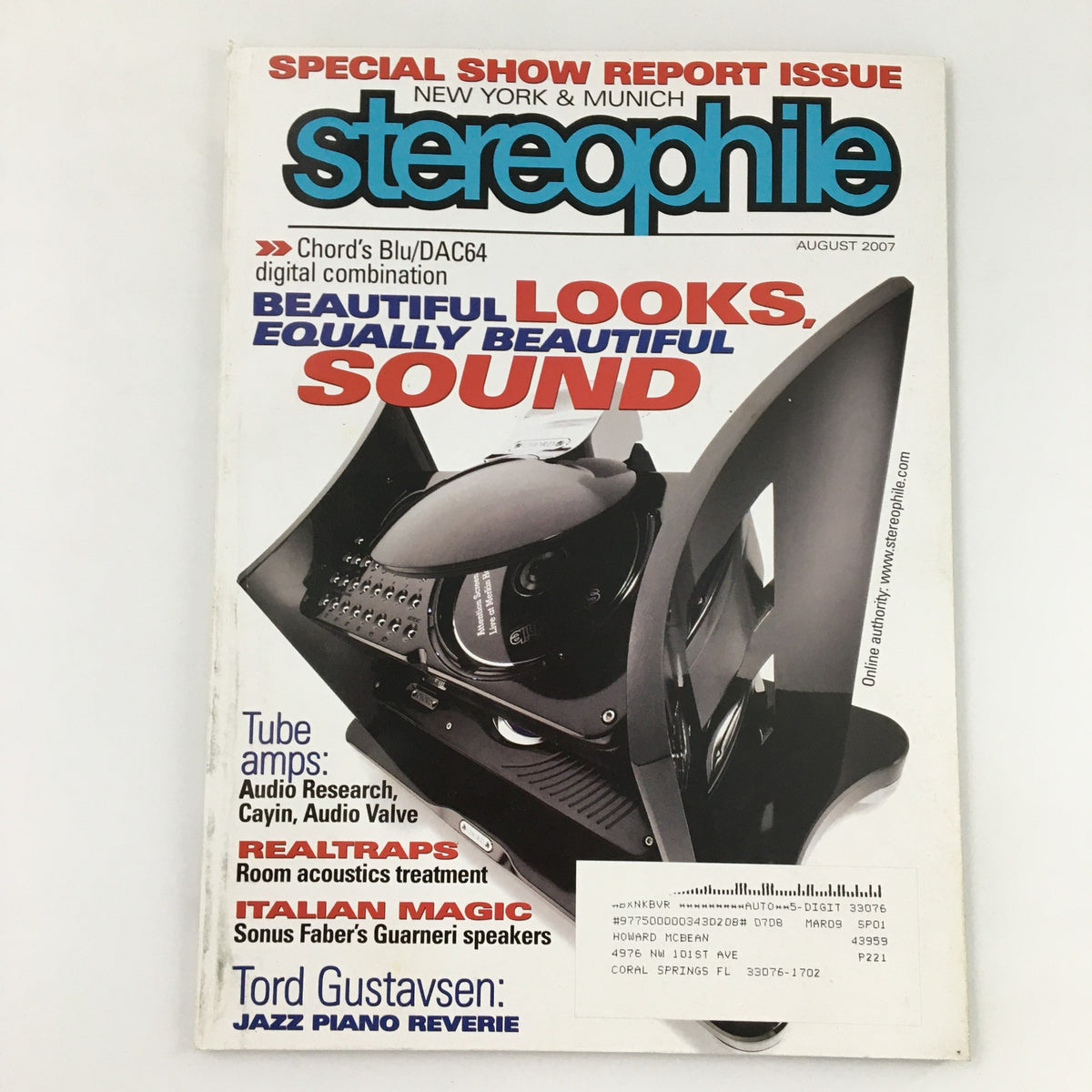 Cover of Stereophile Magazine August 2007 featuring Tord Gustavsen, titled 'A Jazz Piano Reverie.' The cover showcases a striking visual and highlights topics like sound quality and audio equipment.