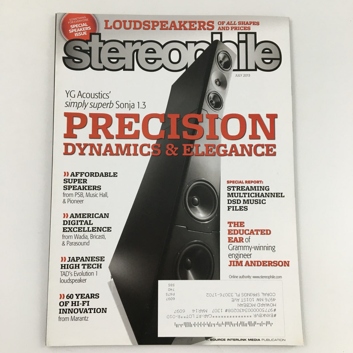 Cover of Stereophile Magazine July 2013 featuring YG Acoustic's Sonja 1.3, highlighting Precision Dynamics and Elegance in audio engineering.