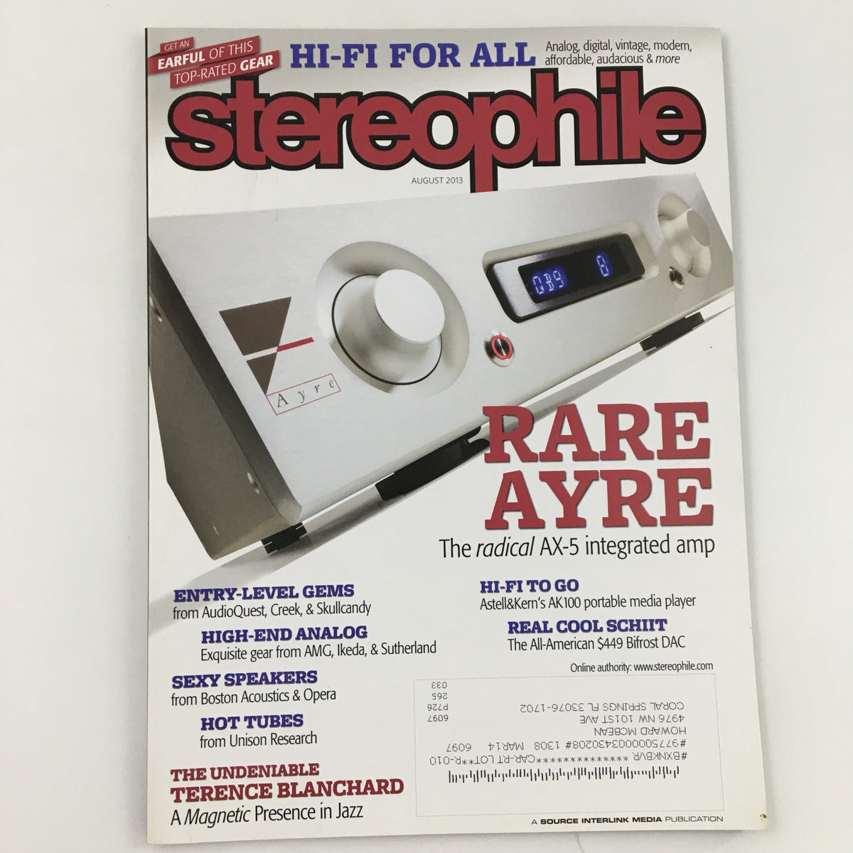 Stereophile Magazine August 2013 cover featuring Terence Blanchard, highlighting the radical Ayre AX-5 integrated amplifier and notable entries in high-fidelity audio. This issue discusses contemporary jazz and Blanchard's influence in the music scene.