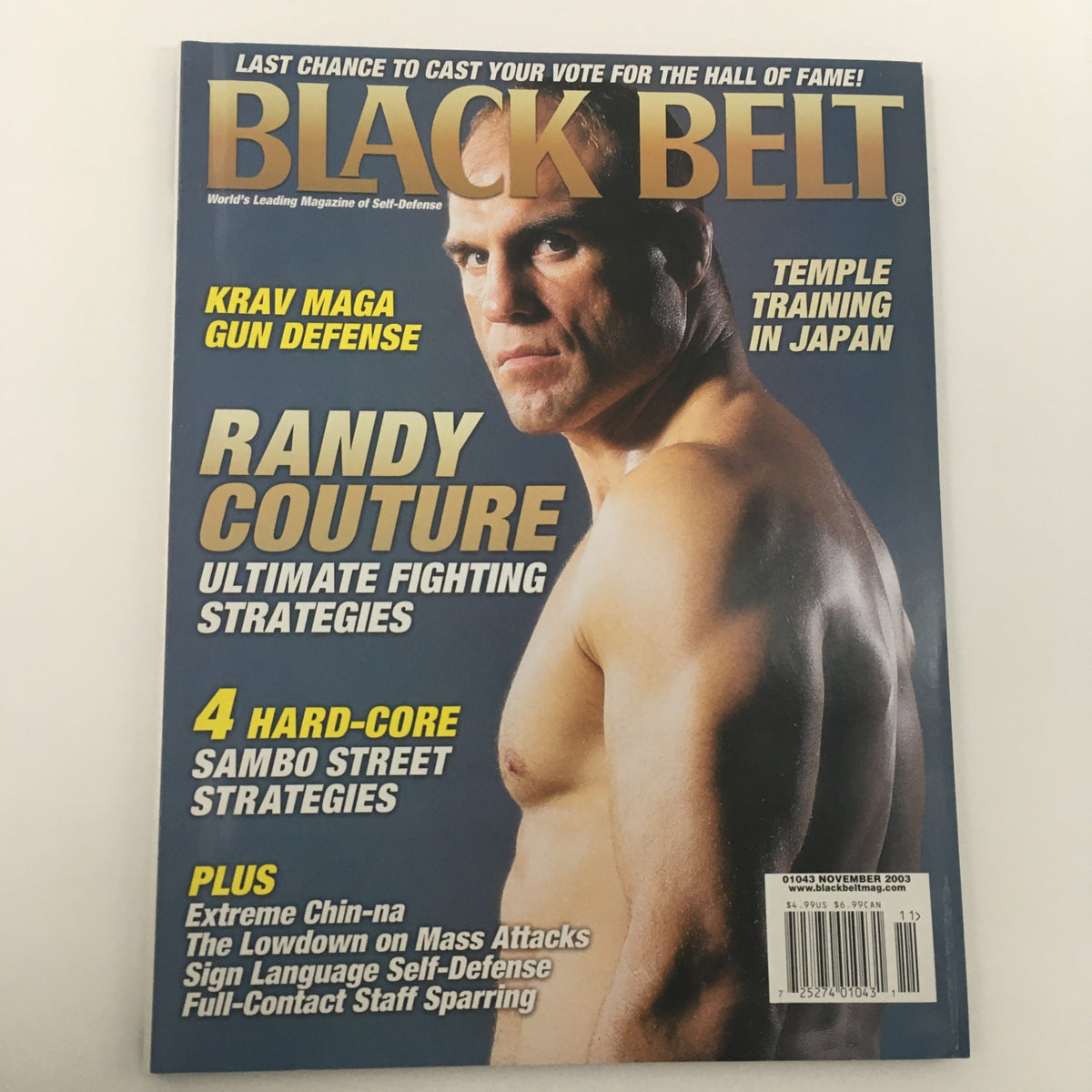 Black Belt Magazine November 2003 cover showcasing Randy Couture and topics like ultimate fighting strategies, Krav Maga, and self-defense techniques.