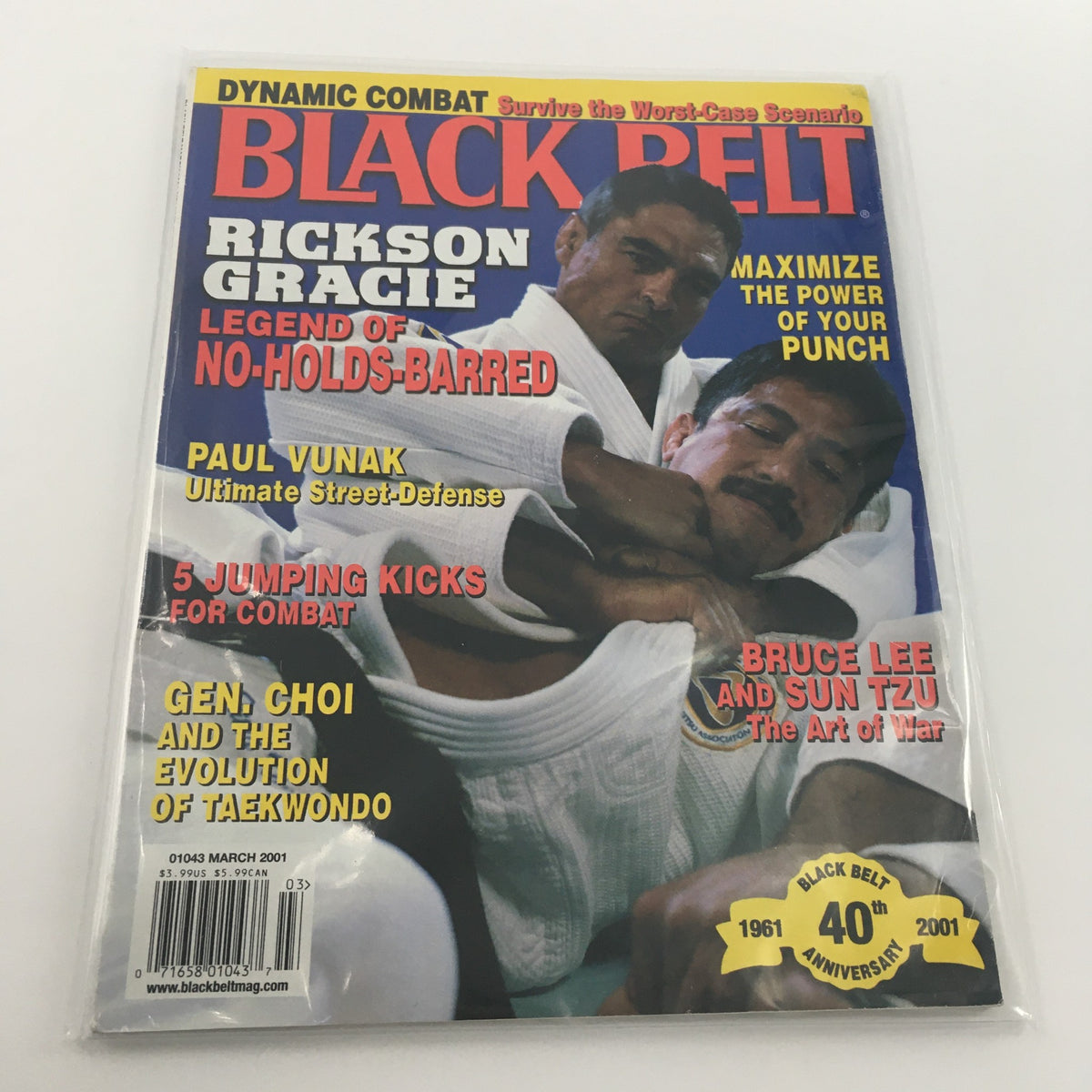 Black Belt Magazine March 2001 featuring Rickson Gracie on the cover, highlighting the legend of no-holds-barred martial arts and dynamic combat techniques.