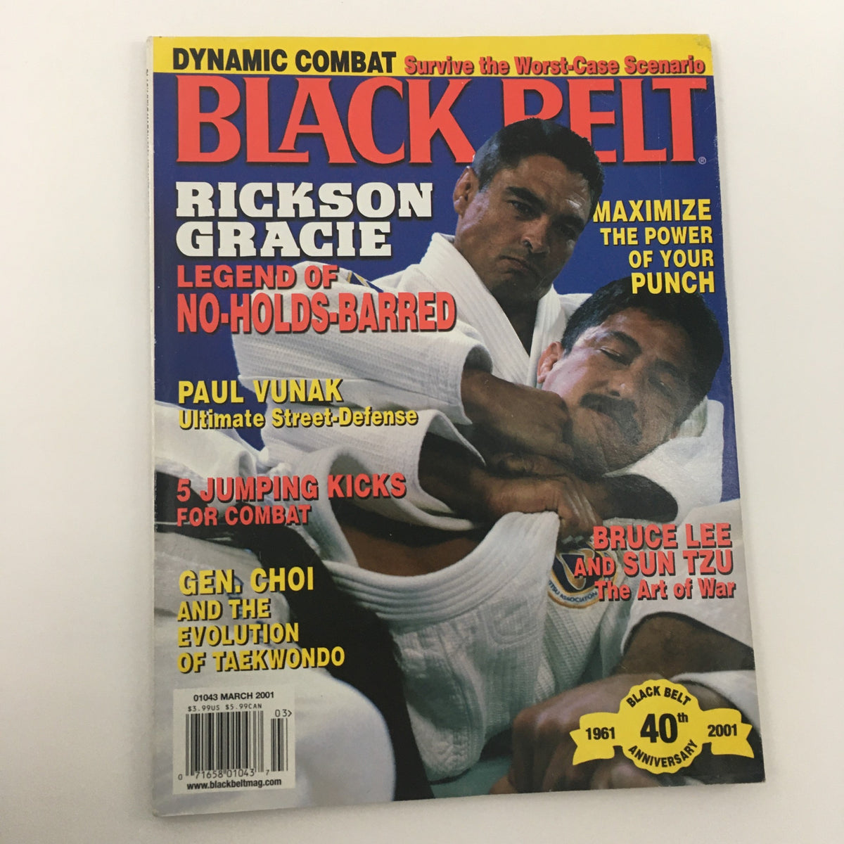 Black Belt Magazine March 2001 showcasing Rickson Gracie, focusing on the theme of no-holds-barred fighting and combat strategies.