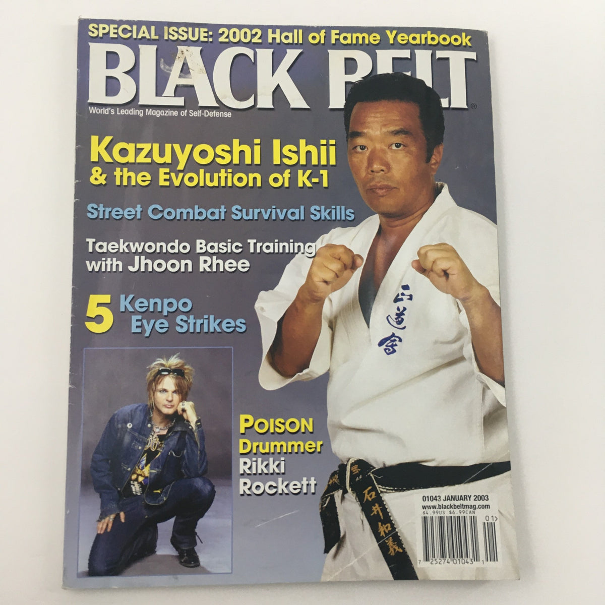 Black Belt Magazine January 2003 cover showcasing Kazuyoshi Ishii and the Evolution of K-1, with notable articles on street combat survival, taekwondo training, and Kenpo eye strikes.