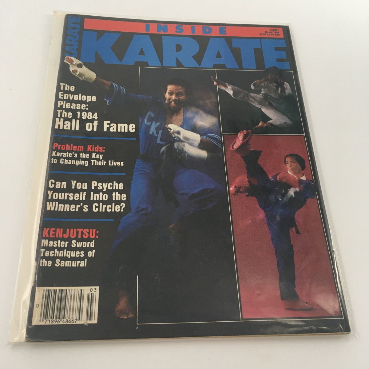 Front cover of VTG Inside Karate Magazine March 1985 featuring Steve Anderson in a dynamic martial arts pose, highlighting Kenjutsu techniques, with text about the 1984 Hall of Fame and problem kids in karate.