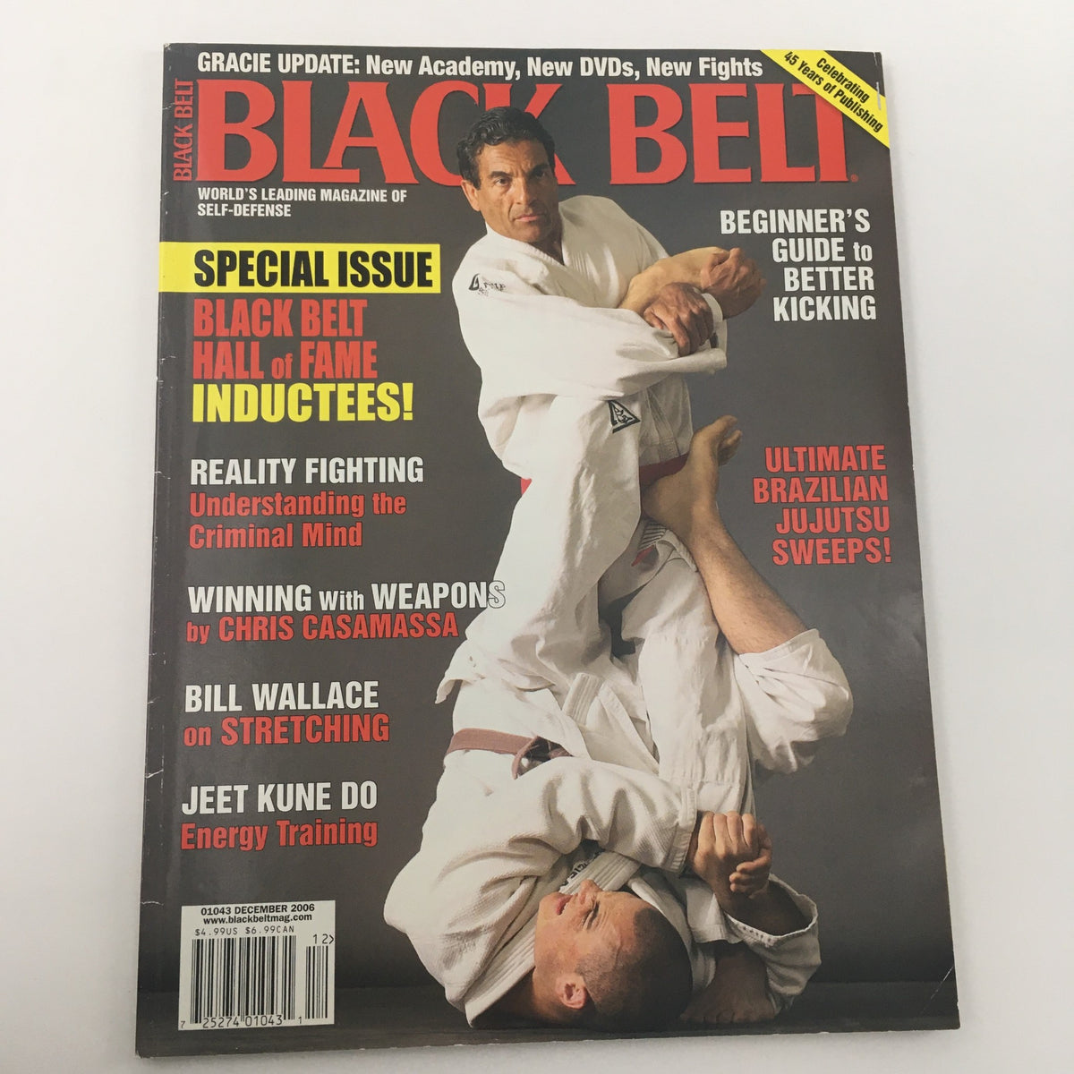 Black Belt Magazine December 2006 cover with Bill Wallace discussing stretching techniques, highlighting topics like Brazilian Jiu-Jitsu sweeps and energy training in martial arts.