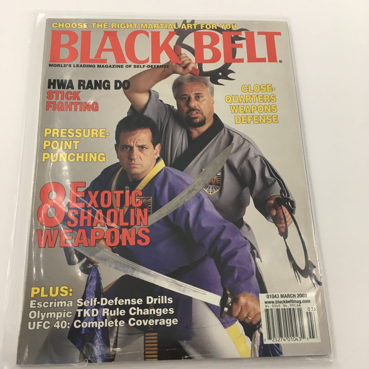 Cover of Black Belt Magazine March 2003 featuring Hwa Rang Do Stick Fighting, pressure point punching, and exotic Shaolin weapons.