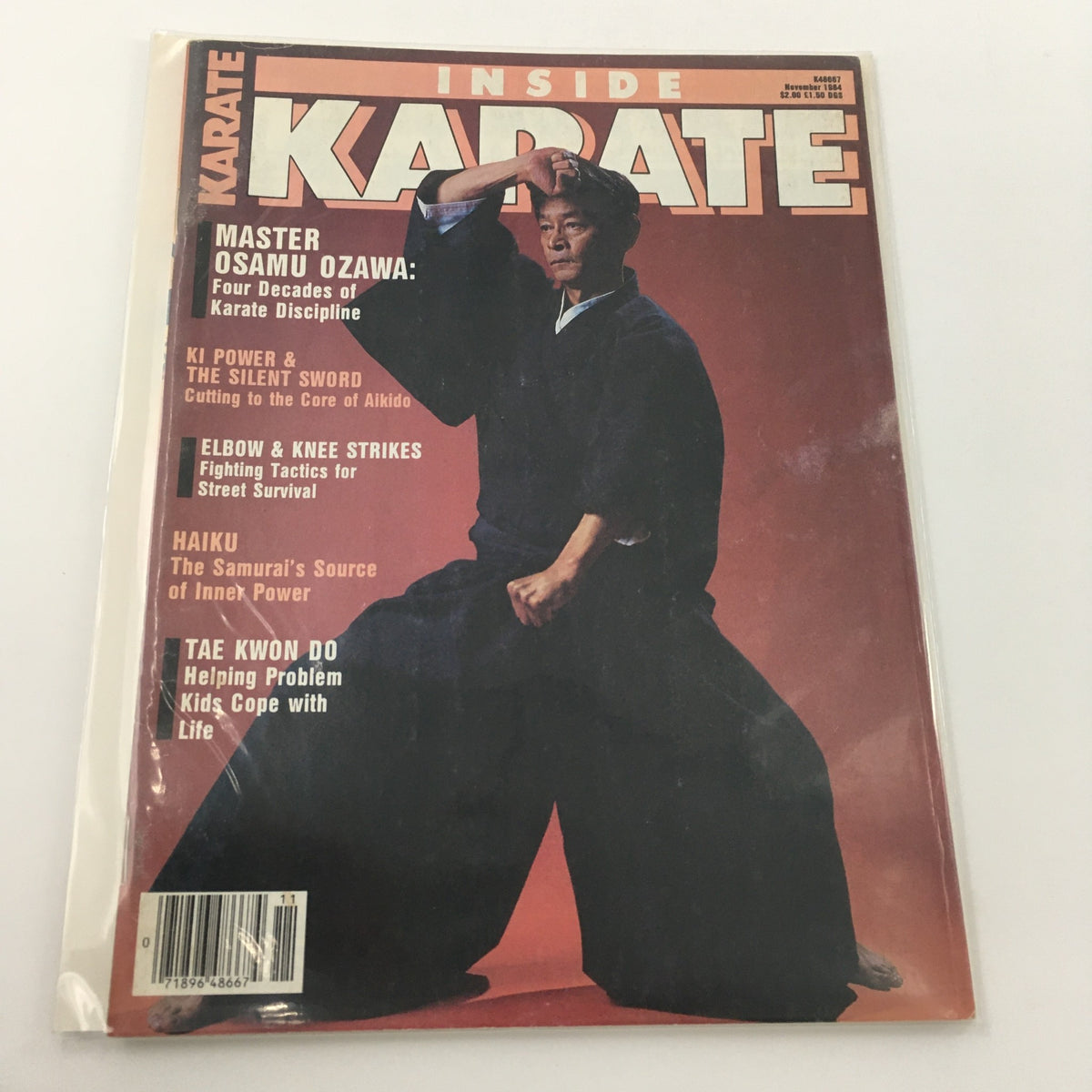Inside Karate Magazine November 1984 cover featuring Master Osamu Ozawa demonstrating karate techniques, showcasing martial arts content and articles on ki power, strikes, and more.