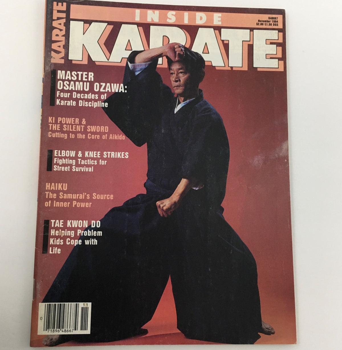 Inside Karate Magazine November 1984 cover highlighting Master Osamu Ozawa in a martial arts pose, includes features on elbow and knee strikes, haiku, and taekwondo strategies.