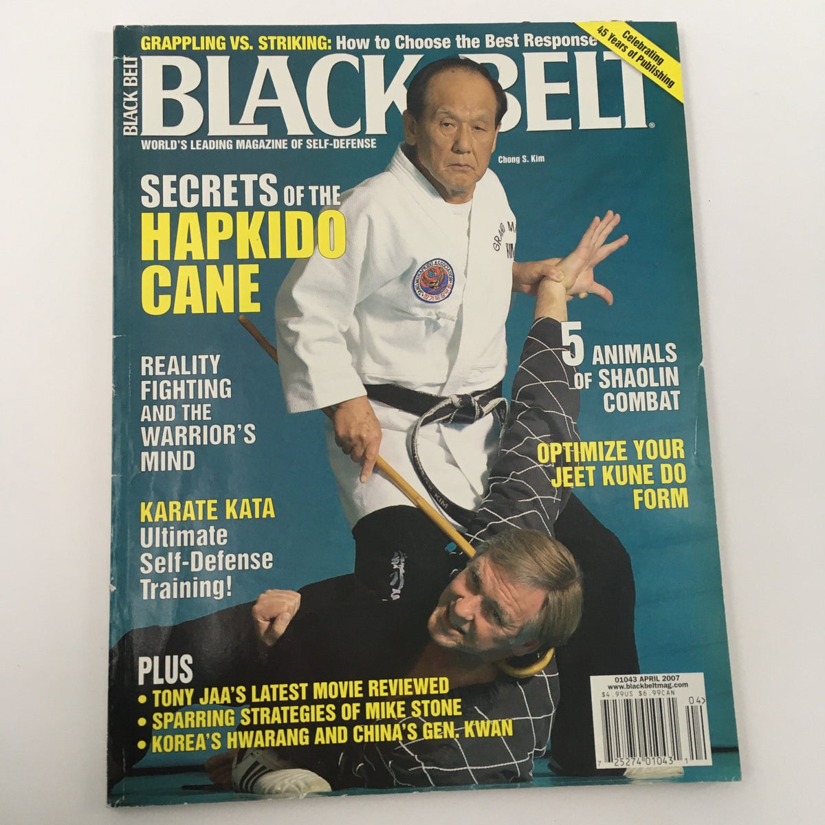Cover of Black Belt Magazine April 2007, highlighting secrets of the Hapkido cane and including features on Mike Stone's sparring strategies, martial arts reality fighting, and self-defense insights.