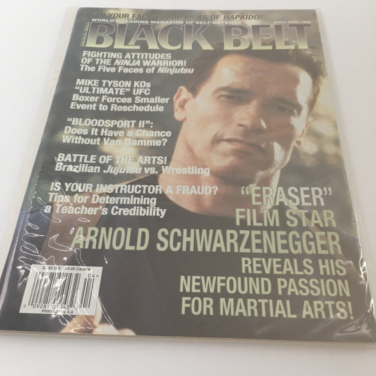Cover of Black Belt Magazine April 1996 featuring Arnold Schwarzenegger, highlighting martial arts and fitness, with articles on various topics including Ninjutsu and UFC.