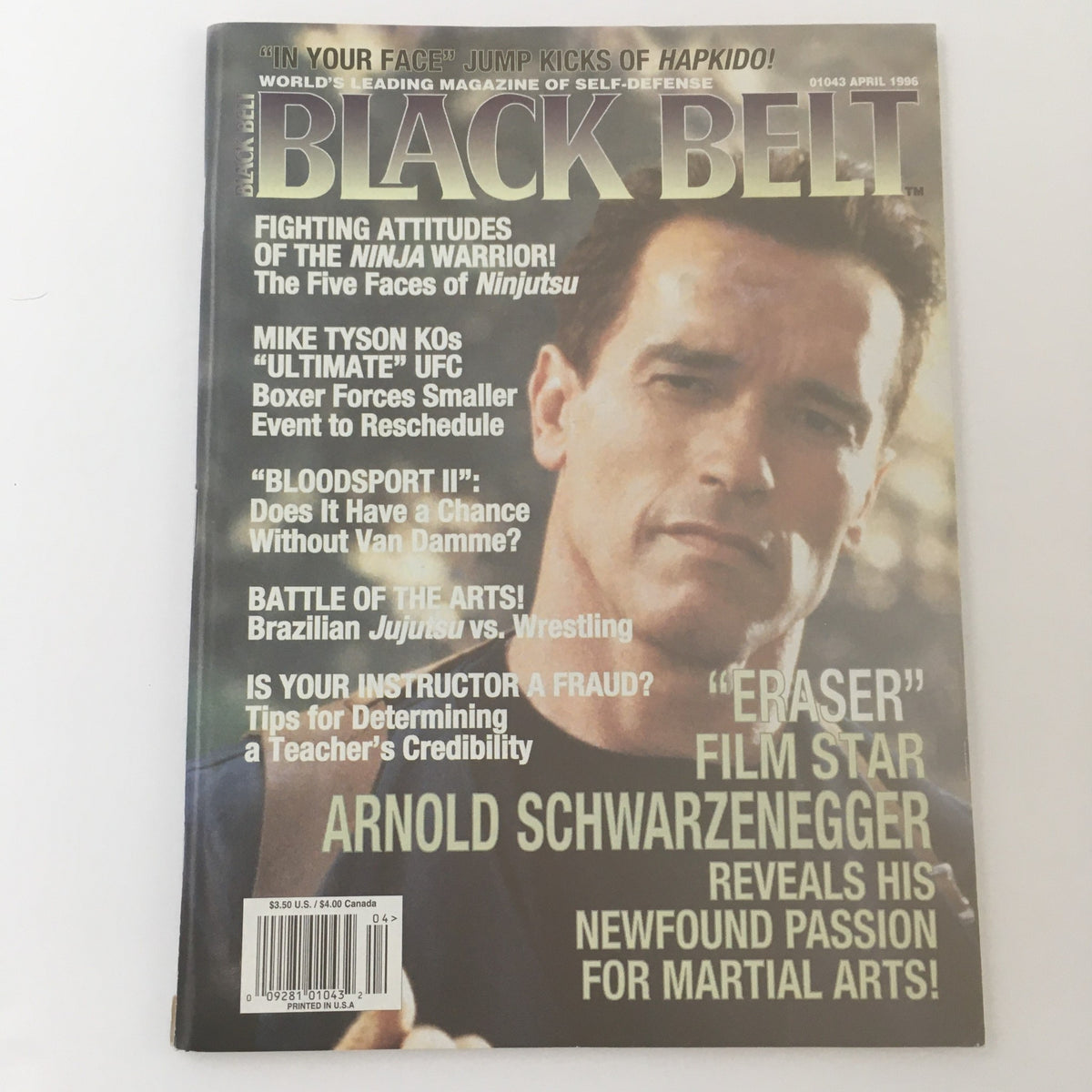 Front cover image of Black Belt Magazine from April 1996, showcasing Arnold Schwarzenegger and discussing his passion for martial arts along with important articles from that era.