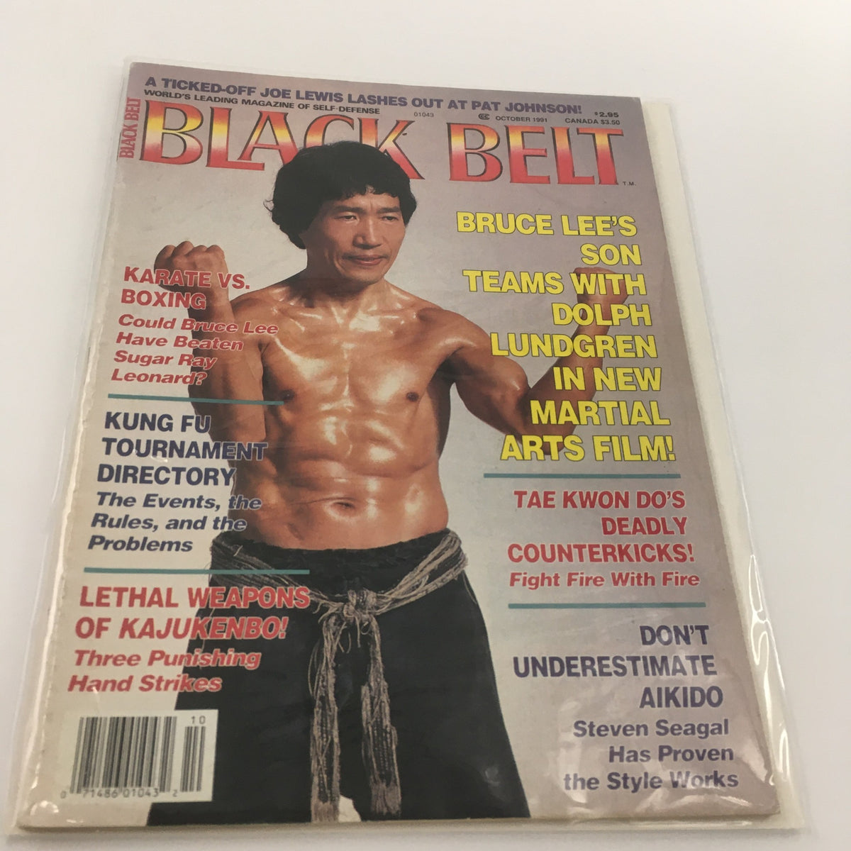 Cover of Black Belt Magazine October 1991 featuring Brandon Lee and Dolph Lundgren, highlighting martial arts topics and stunning images from the early '90s.