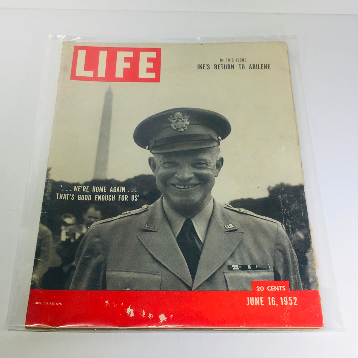 VTG Life Magazine Cover from June 16, 1952, featuring Dwight D. Eisenhower smiling in uniform, with the caption 'IKE'S RETURN TO ABILENE' and the magazine price of 20 cents.