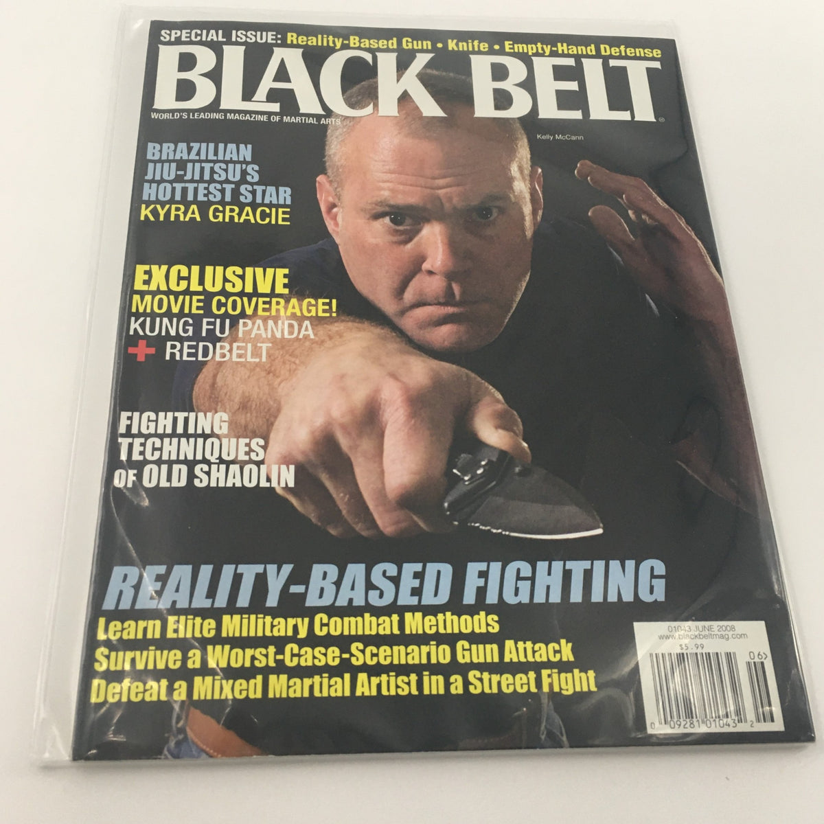 Cover of Black Belt Magazine June 2008 featuring Kelly McCann, highlighting Kyra Gracie and topics on Brazilian Jiu-Jitsu, martial arts history, and reality-based fighting techniques.