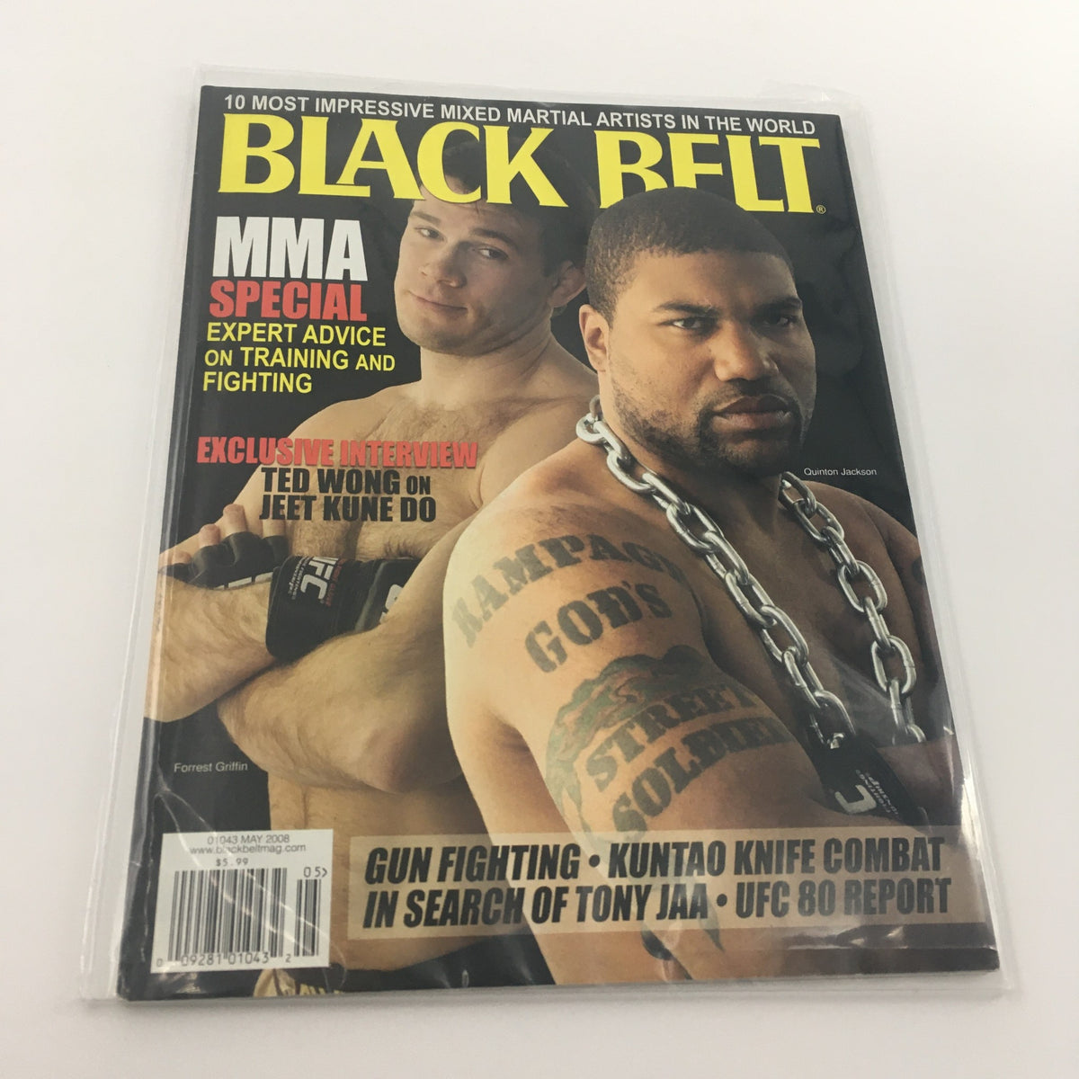 Black Belt Magazine May 2008 MMA issue featuring profiles of Forrest Griffin and Quinton Jackson, showcasing training and fighting techniques.