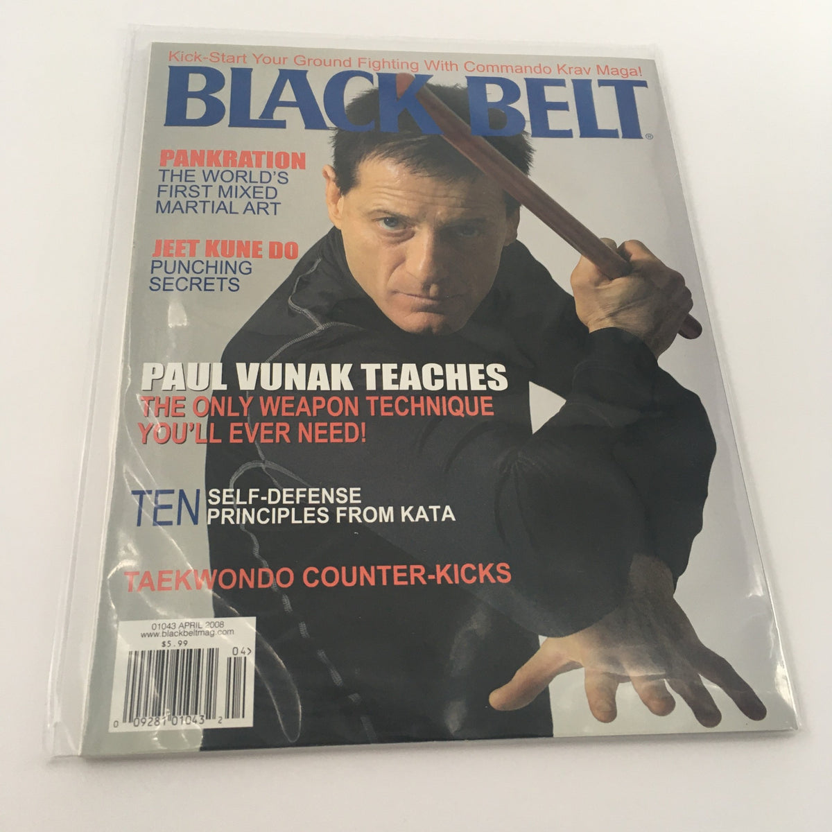 Cover of Black Belt Magazine April 2008 featuring Paul Vunak, highlighting weapon techniques, self-defense principles, and martial arts training.