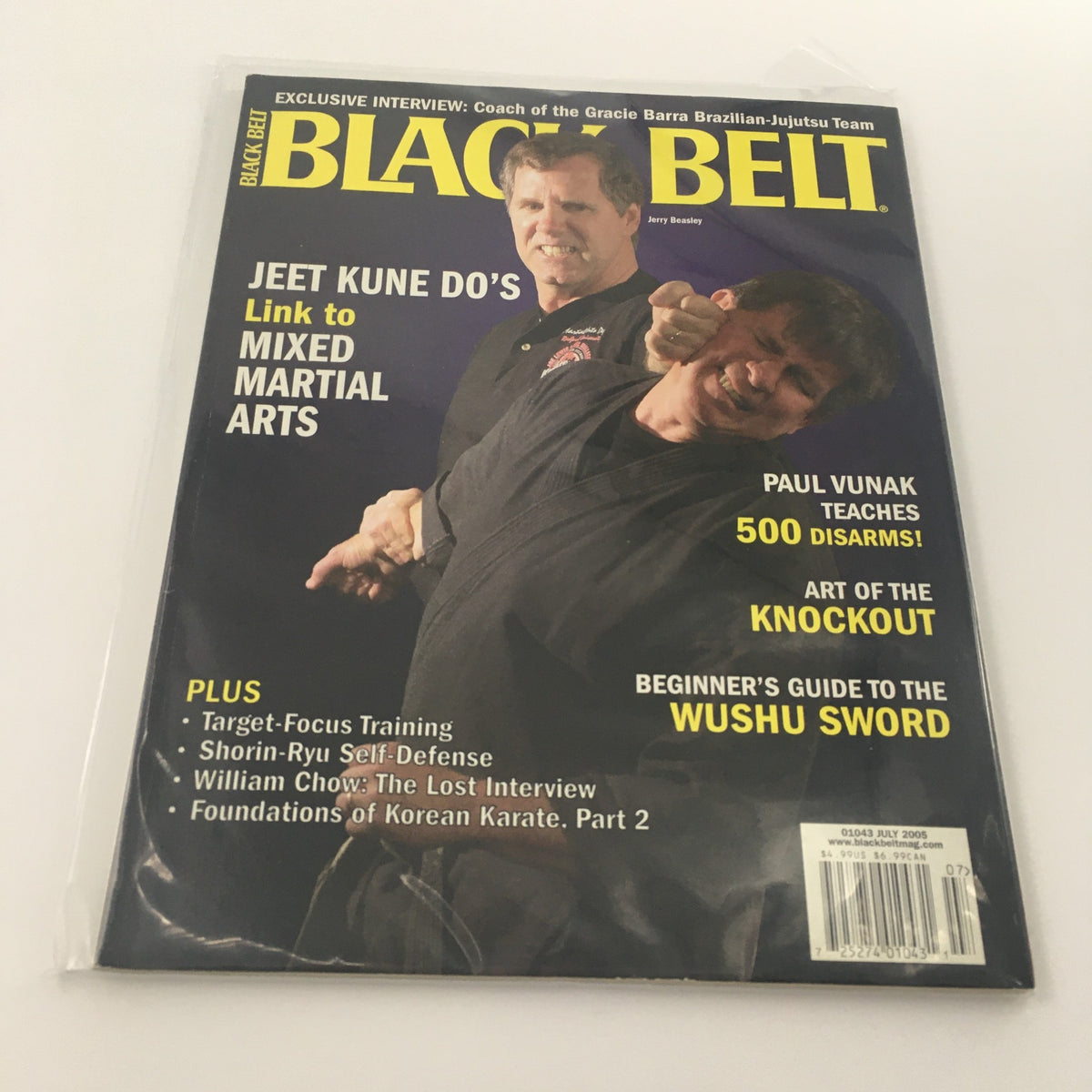 Black Belt Magazine July 2005 cover featuring an exclusive interview with Jerry Beasley and Paul Vunak. The magazine highlights Jeet Kune Do, mixed martial arts, and offers insights into training techniques, including Wushu Sword and Korean Karate.