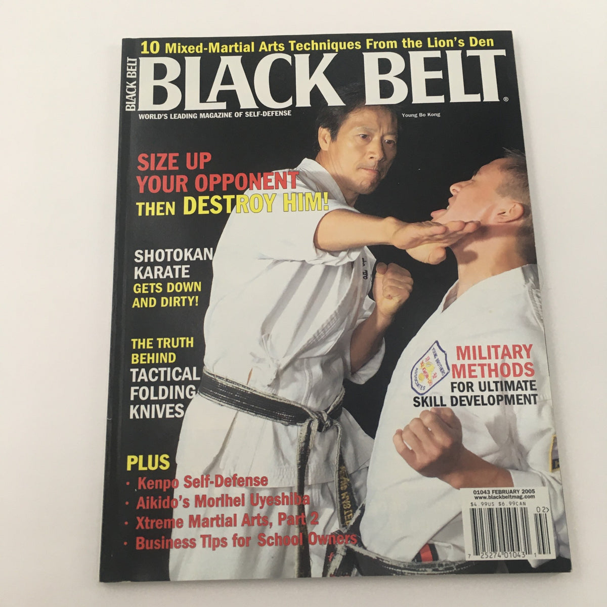 Close-up of Black Belt Magazine February 2005 cover with Young Bo Kong demonstrating Shotokan Karate, focusing on combat techniques and martial arts philosophy.