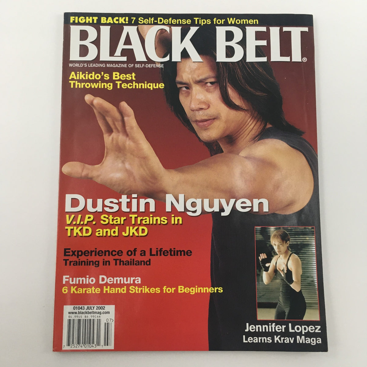 Cover of Black Belt Magazine July 2002 showcasing Dustin Nguyen, highlighting self-defense techniques and a feature on Jennifer Lopez learning Krav Maga.