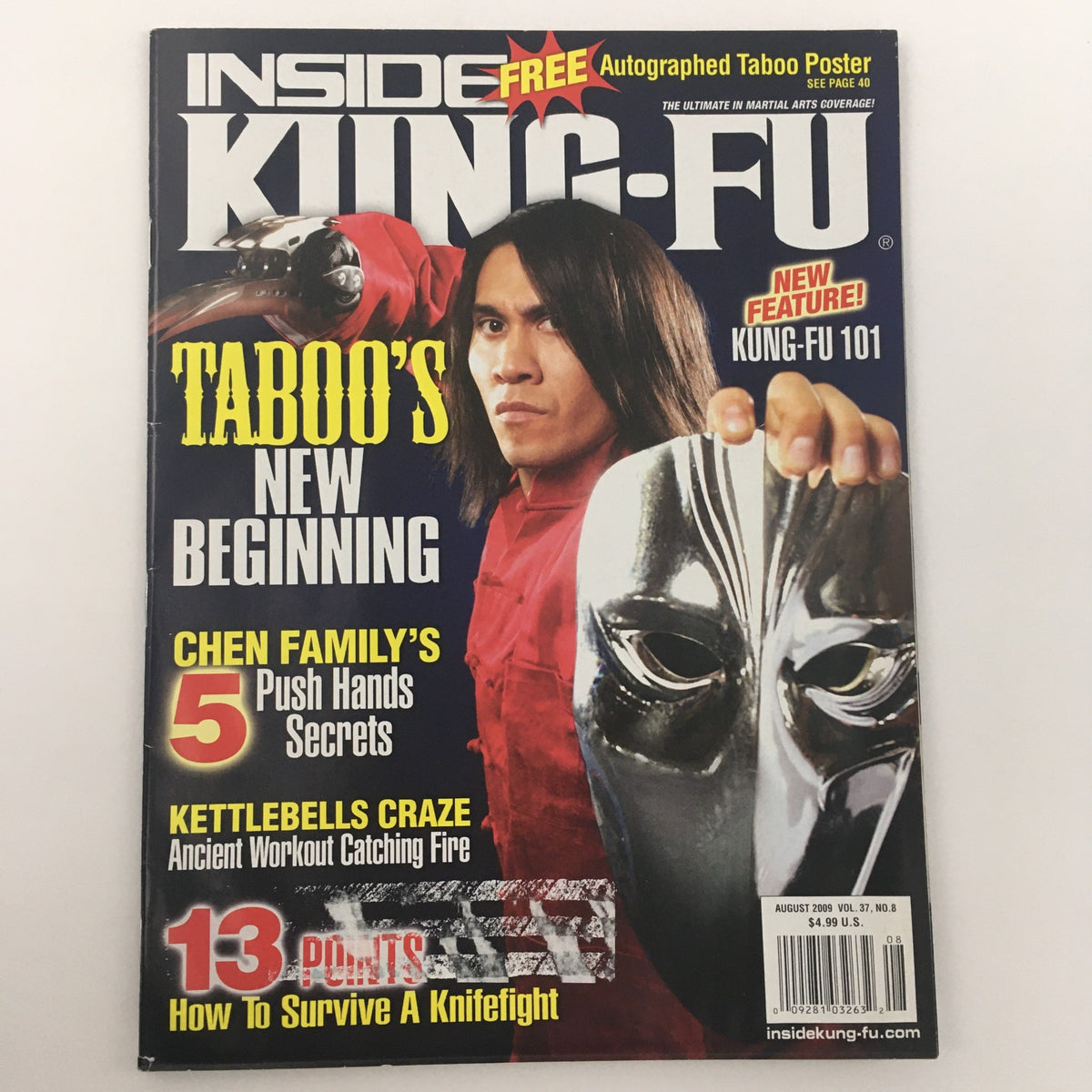 Front view of Inside Kung-Fu Magazine August 2009 showcasing the main features including 'Taboo's New Beginning', Chen Family's 5 Push Hands Secrets, and survival tips, preserved in very good condition.