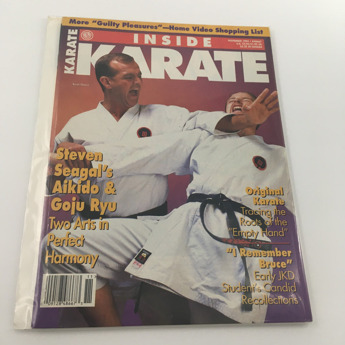 Cover of Inside Karate Magazine November 1994 featuring Kent Moyer and Steven Seagal demonstrating martial arts techniques, titled 'Steven Seagal's Aikido & Goju Ryu: Two Arts in Perfect Harmony'.