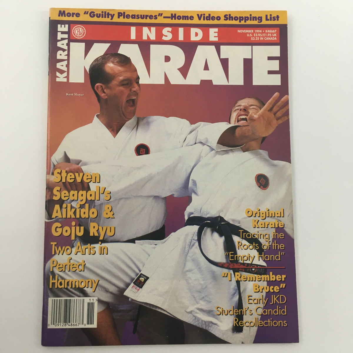 Close-up view of Inside Karate Magazine November 1994 cover highlighting the article 'Steven Seagal's Aikido & Goju Ryu: Two Arts in Perfect Harmony' with Kent Moyer.